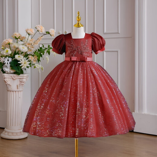 Luobo Beibei 2026 Girls Dress Blue Long Dress Children's Princess Dress Wedding Host New Year's Greetings Red 120