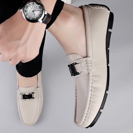 Light luxury brand leather shoes for men 2025 new summer breathable soft bottom business casual driving genuine leather bean dot shoes 9930 meters white 42