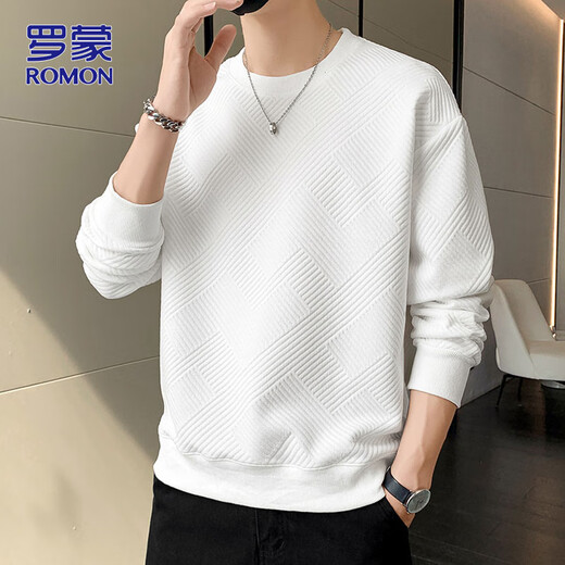 ROMON sweatshirt men's spring and autumn casual long-sleeved T-shirt men's jacket men's clothing bottoming shirt top white L