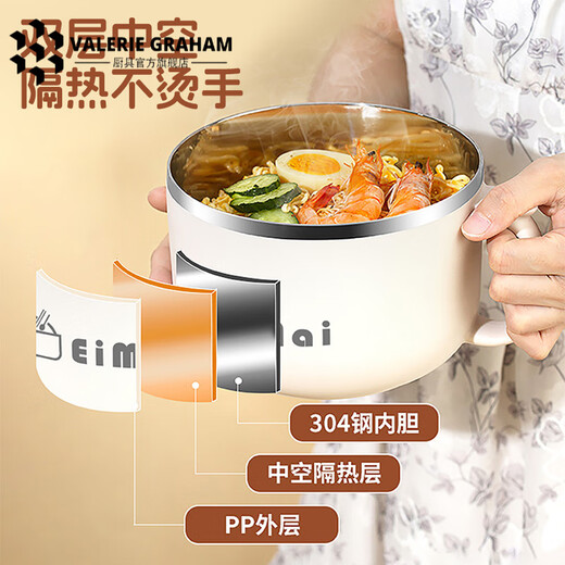 VALERIE GRAHAM German imported quality rice bowl with lid office worker insulation canteen lunch box instant noodle bowl new stainless steel student new upgrade thickened 304 crescent white 1.3L (