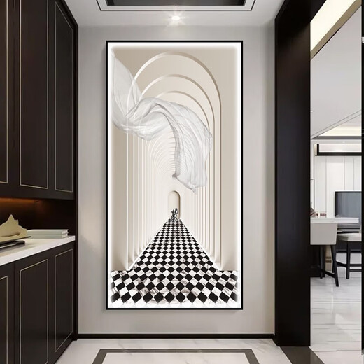 CLCEY入户玄关装饰画延伸空间壁画感竖版走廊过道挂画轻奢简约带灯 L3881 100*200拉丝金框晶瓷+镶钻LED灯