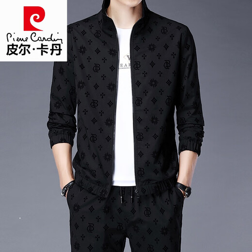皮尔卡丹（pierre cardin）春秋新款高端品牌夹克套装男士青年休闲运动套装男潮流外套衣服 6629-黑色 2XL 180
