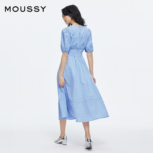 moussy 2025新品田园风泡泡袖绑带收腰连衣裙女028ISA33-4081 115花纹蓝色 S