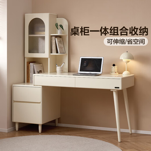 Quanyou Home Modern Cream Style Desk Computer Desk Dressing Table Home Study Desk Bookshelf All-in-One Home Storage Furniture Off-White | Desk + Reverse Shelves