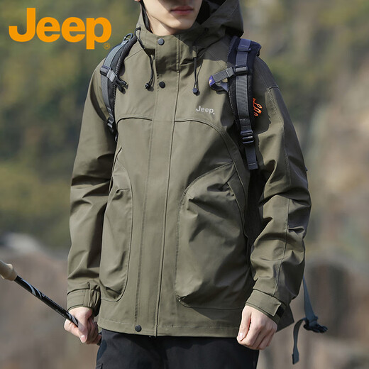 Jeep (JEEP) Jacket Men's Spring and Autumn Loose Hooded Jacket Men's Versatile Workwear Top Assault Mountaineering Jacket Army Green 2XL