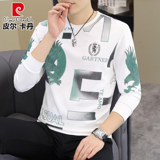 皮尔卡丹（pierre cardin）2025春秋新款男士长袖T恤欧货潮男帅气时尚卫衣加大码打底衫体恤 【春秋】6626白色 薄款 M 90-115斤