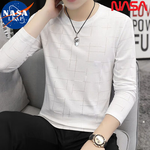 NASA LEAP中国风长袖T恤男士春秋冰丝棉圆领打底衫潮秋衣休闲修身青年简约 白色横条款长袖1518 均码 M80-100斤穿