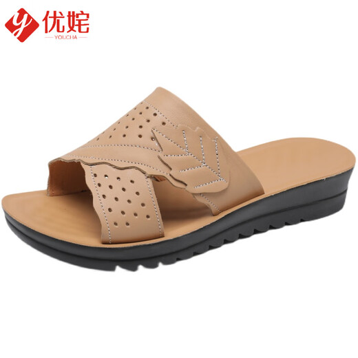 优姹中老年凉拖妈妈拖鞋女夏季外穿防滑软底真皮中年平底女士大码时尚 酒红色723-22 35