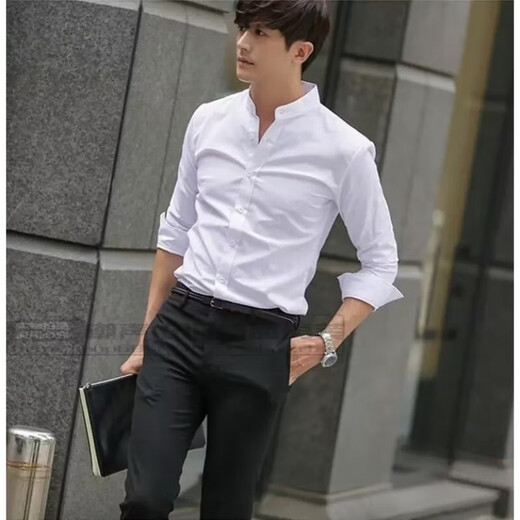 Shirt men's summer thin tunic pure white stand-up collar shirt long-sleeved slim business casual solid color top white counter quality 3XL