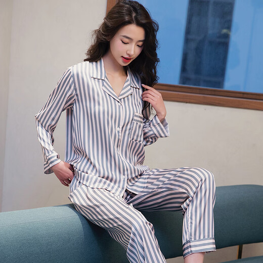 Amerpin100% Mulberry Seide 2025 Neue Pyjamas für Frauen im Frühjahr und Herbst, langärmeliges gestreifte Strickjacken-Lapel-Mode-Home-Kleidung XE Doppelte Länge 6625# Green Stripes (Geschenkboxverpackung) M.