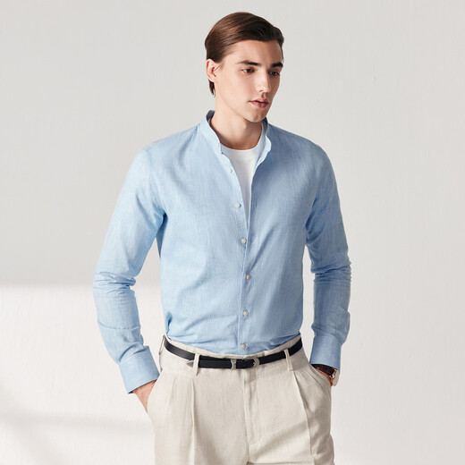 By Creations Cool Cotton Linen Perpin Henry Collar Blue Shirt Men's Summer Business Casual Light Blue 38