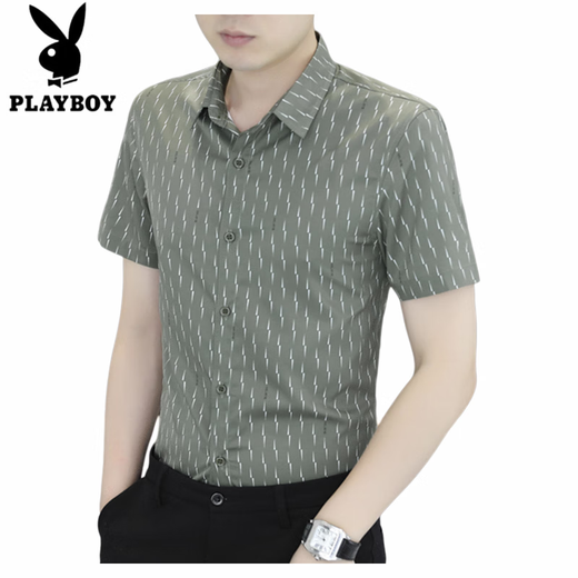花花公子（PLAYBOY）高端男士衬衫夏季短袖条纹韩版修身青年帅气休闲百搭衬衣冰丝凉 7029黑色 M 90-110斤