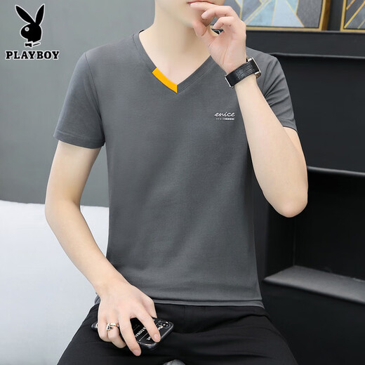 花花公子（PLAYBOY）夏季新款男士纯棉V领半袖T恤潮流休闲小字母印花鸡心领短袖体恤衫 691 白色 M 90-100斤