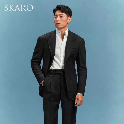 SKARO【亚麻&手工米兰眼】高端休闲西服套装男士夏季那不勒斯西装 黑色SKG1422A 44 码上衣【西裤尺码请备注】