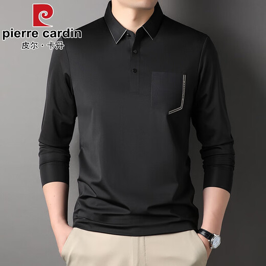 皮尔卡丹（pierre cardin）秋季冰丝无痕t恤男士长袖翻领polo衫凉感有口袋兜中年体恤爸爸装 灰色-7036 M 165