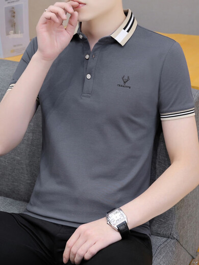 海澜夏季男士短袖翻领polo衫青年休闲半袖印花t恤男装带领子上衣薄款 浅蓝色QY679 M