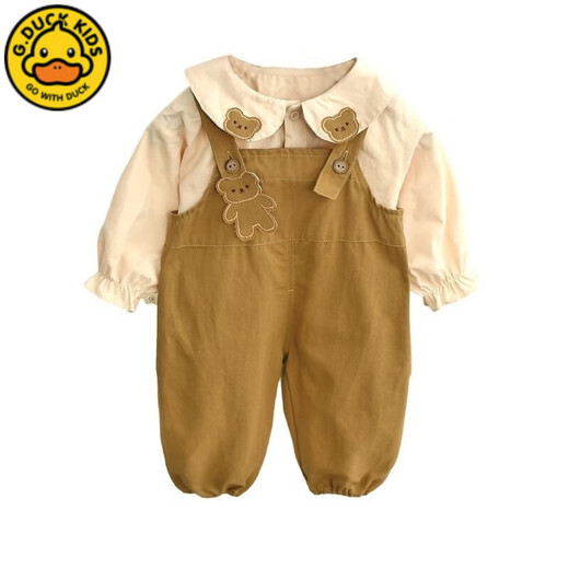 G.DUCKKIDS girls overalls suit long sleeves 2025 new Korean version of internet celebrity baby clothes fashionable and cute baby boomer clothes khaki bear suit 100
