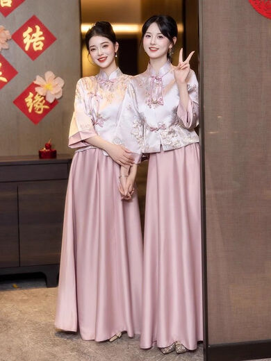 New Chinese bridesmaid dress pink 2025 new long-sleeved sister group cheongsam engagement dress daily wearable in autumn and winter Pink-Crane Gold-A Style L 100-110Jin Jin equals 0.5 kg