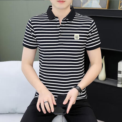 森马（Semir）商场同款男装夏季条纹男士短袖体恤纯棉休闲百搭polo衫男装中年带 黑白QY753 3XL [建议160-180斤]
