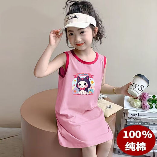 2025 Sommermädchen Neues Katzenmuster für Mädchen können außerhalb des Nachthemdes Sommerdünn Kinder 100% Baumwollkleid 1048# HAUSPERSROCK ROCK 90 tragen