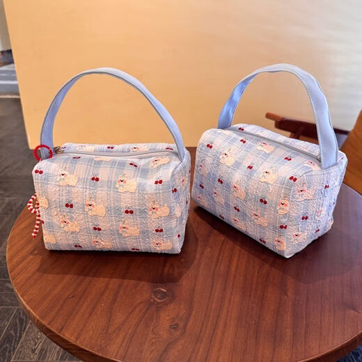 Yunluo 2025 New High-Looking Makeup Storage Bag Large Capacity Portable Washing Storage Three-dimensional Travel Makeup Handbag Blue Pleated Puppy Handbag