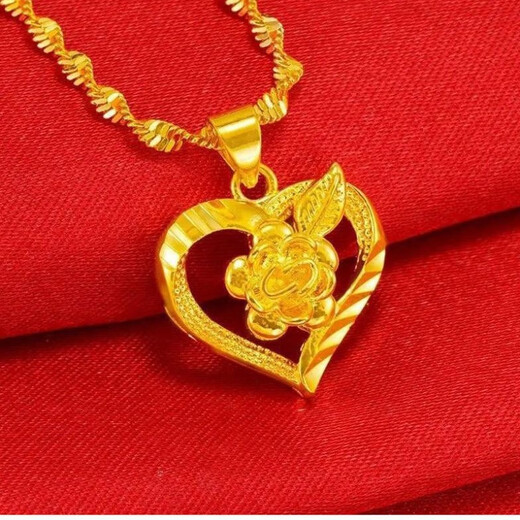 MHFDO Bengal Red Gold Flower Blooming Wealth Pendant Vietnam Sand Gold Necklace Water Wave Chain Live Gold Plating Shake Flower Blooming Wealth 2 Pendant + Double Water Wave Chain