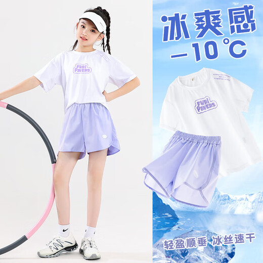 ONEDEW女童速干运动套装夏季儿童羽毛球网球训练服夏装中大童短 9889棉T白色+紫色短裤 130 cm