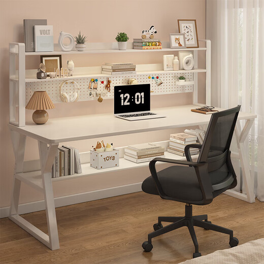 Desktop hole board computer table home desk bookshelf integrated table office desk study table bedroom e-sports table and chair 140CM milk white