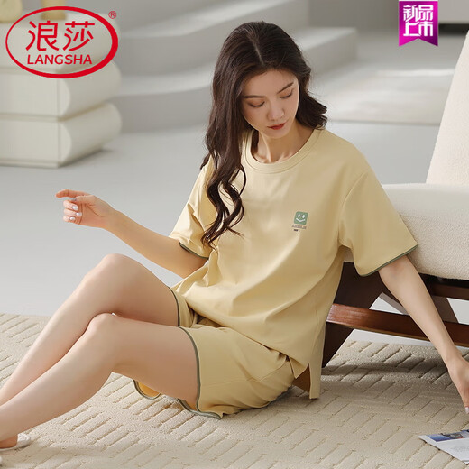 浪莎（LangSha）睡衣女款夏季纯棉短袖短裤简约休闲全棉薄款女士家居服套装 9859 【纯棉】 M 建议75-100斤穿