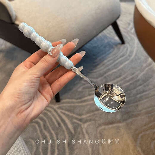 Stainless steel color pearl spoon household rice spoon household spoon small spoon plastic handle dinner spoon long handle round spoon boutique spoon white 1 piece