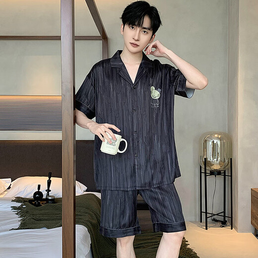 Yalu men's pajamas summer ice silk short-sleeved pants solid color black summer thin boys simulated silk home clothing set 12532 [Yunduo cotton crepe style] XL Recommended height 175 and weight 130-150