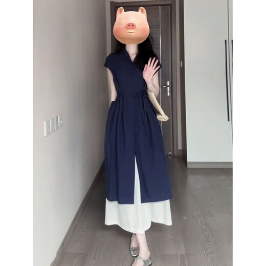Cotton French style dress for women in summer 2025 new fashion this year's popular style layered seaside vacation style long skirt Navy blue XL 60/65kg