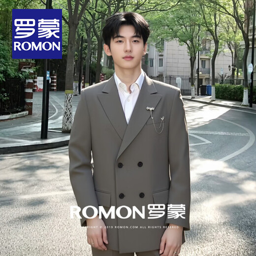 罗蒙（ROMON）男士西装套装双排扣新郎结婚礼服商务正装高级感宴会主持西服男 黑色【西服+裤子】 XL 151-165斤