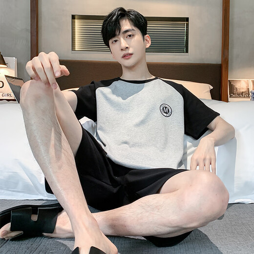 枫顾蓝睡衣男夏季短袖短裤棉质青少年初中学生套装男款家居服胖子 HDE9928 L