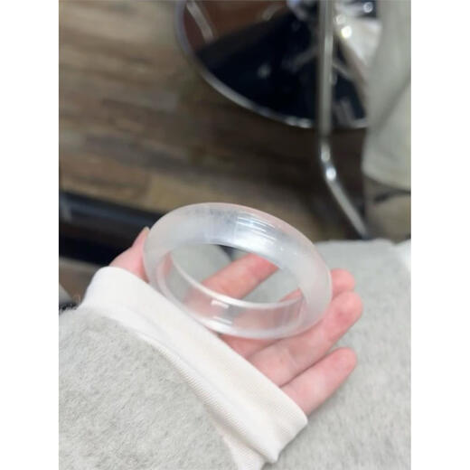 胖东来天然高冰种白月光手镯翡翠色玉镯玛瑙正圈细圆条镯子玉髓女水沫玉 53-54mm宽条