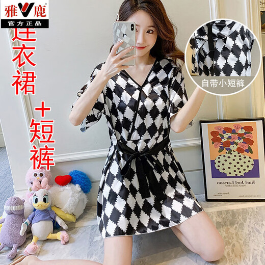 雅鹿网红大码200斤胖妹百搭冰丝睡裙女夏季薄款日式和服睡衣两件套装 1278白色圆圈字母【连衣裙+短裤 M 【80-95斤】