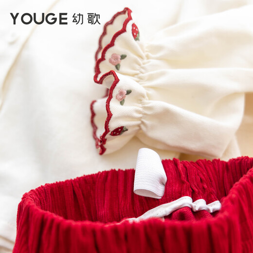 YOUGE Infant and Toddler 2025 Autumn Comfortable Strawberry Soft Shirt Pure Cotton Corduroy Pants Set Trendy Red (Pants) 90 cm