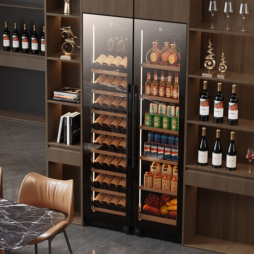 BAIKAILUN double-door thermostatic wine cabinet with double-door brown glass seamlessly embedded in large-capacity air-cooled frost-free office home tea beverage liquor wine fruit preservation refrigerator 2 meters | brown glass three temperature zones | red wine + tea + ice bar 735L thin section