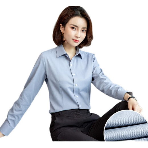 LA海澜之家（HLA）同款）春季女士长袖衬衫韩版修身暗门襟白色衬衣 15604蓝色斜纹V领 39