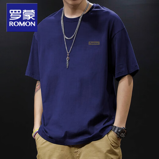 罗蒙（ROMON）重磅新疆棉纯棉夏季美式圆领短袖t恤男款日常宽松休闲潮牌短袖男T 绿色-1365短袖-100%纯棉 S 【建议90-115斤】