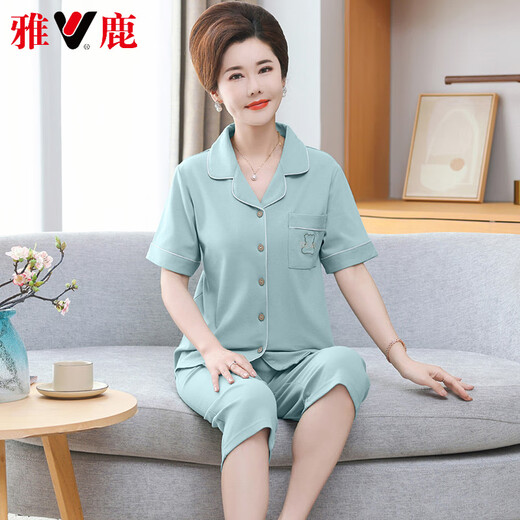 Yalu high-end mother cardigan pajamas for women in summer pure cotton short-sleeved cropped pants large-size thin style middle-aged and elderly mothers' home clothes 9892 M [80-100Jin [Jin equals 0.5 kg]]