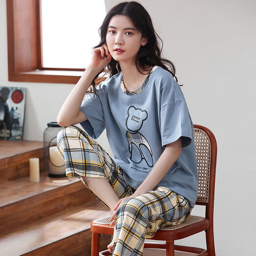 浪莎100%纯棉睡衣女春夏短袖长裤休闲宽松女韩版家居服秋季可外穿套装 T-9711(短袖长裤) M码(85-105斤) 均码