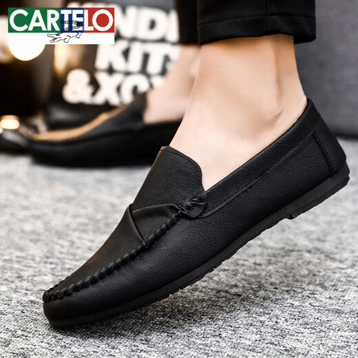 卡帝乐鳄鱼（CARTELO）男士豆豆鞋韩版商务工作休闲皮鞋透气百搭防滑一脚蹬男鞋2025夏季 D826黑色 39 偏小