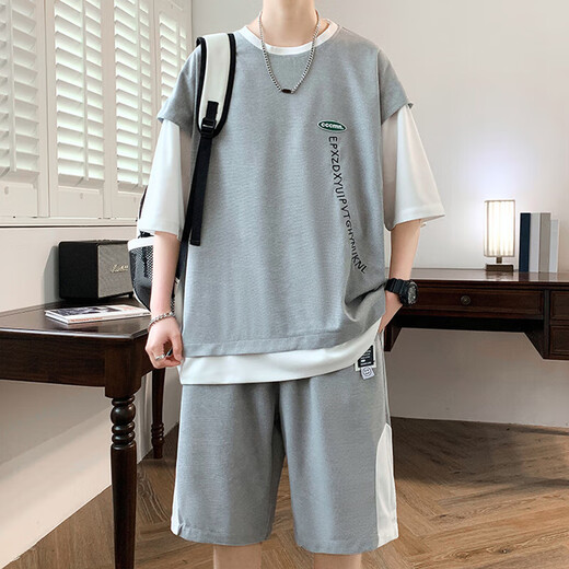 MFRO假两件t恤男夏季套装新款美式宽松休闲短裤两件套圆领百搭短袖男 686浅灰套装 M 约90~115斤可穿