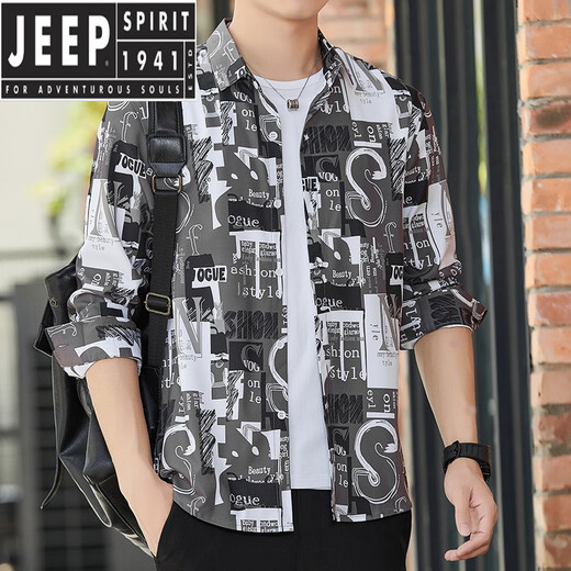 JEEP SPIRIT夏季男装冰丝长袖衬衣潮流美式宽松款垂坠感花衬衫外套寸 6169绿色 M 90-110斤
