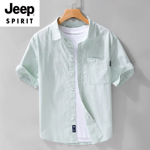 JEEP SPIRIT男士纯棉短袖衬衫日系休闲夏季薄款条纹衬衣新款潮流拼接上衣 9740浅蓝色 XL