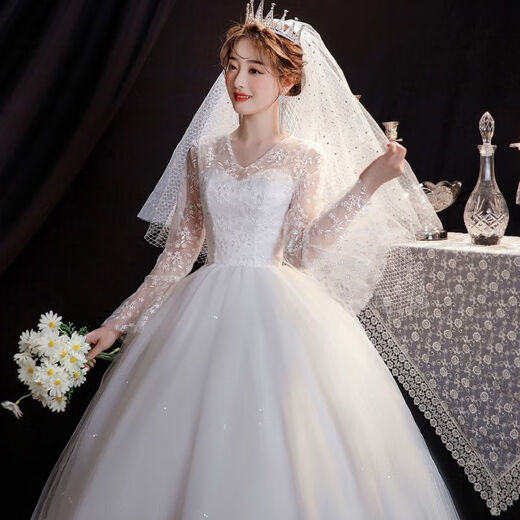 Main wedding dress for women 2025 new bridal lace super fairy dream wedding dress French fat spring and summer wedding dress center shaft V-neck white XS