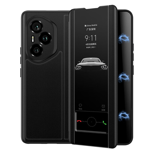 德曼尼 DAYMONY荣耀400手机壳荣耀400pro磁吸翻盖式保护套华为honor系列新款全包防摔商务高级感外壳男女款 玄岩黑（素皮磁吸 免翻盖接听）+膜 荣耀400pro