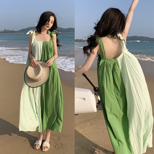 VZVY法式气质牛油果绿色度假风吊带长裙女夏三亚旅行穿搭连衣裙小礼服 绿色 9721# S
