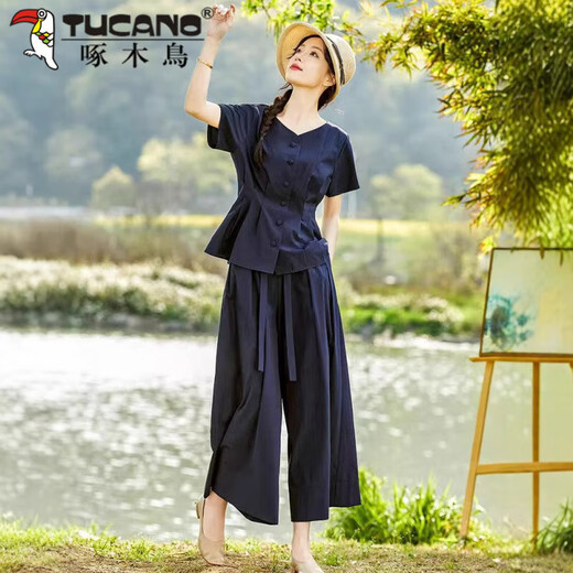 Carpintería de carpintería (tucano) Moda e informal de mediana edad de mediana edad Summer 2025 Nuevo temperamento de alta gama Fashionable anchas de piernas anchas Set de dos piezas Set azul marino M